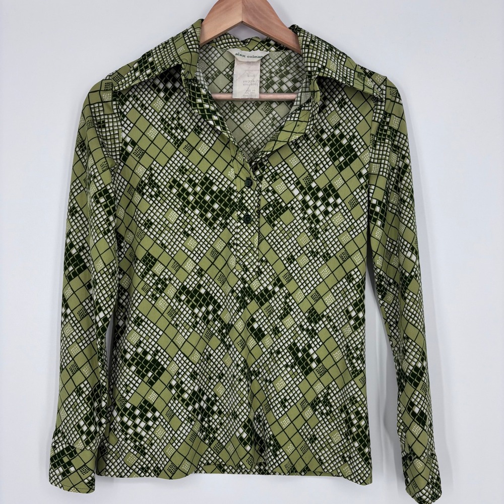 VTG 70s Disco Shirt Womens 10 Green Geometric Alex Colman Blouse Mod Retro Funky